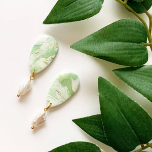 Jade Marble-colored polymer clay earrings with freshwater pearl drop and gold accents