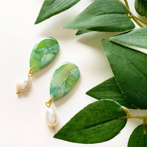 Jade-colored polymer clay earrings with freshwater pearl drop and gold accents