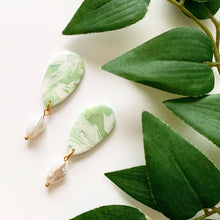 Load image into Gallery viewer, Jade Marble-colored polymer clay earrings with freshwater pearl drop and gold accents
