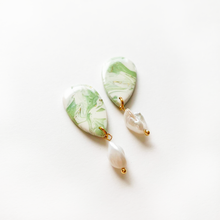 Load image into Gallery viewer, Jade Marble-colored polymer clay earrings with freshwater pearl drop and gold accents
